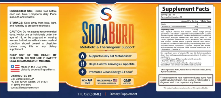 SodaBurn full Supplement Facts label